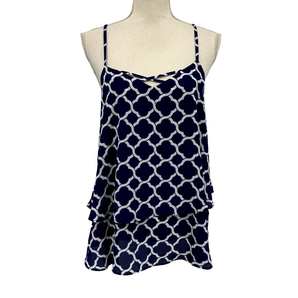 Emmelee Women Blue White Sleeveless Blouse Large Halter Tank Top Layered